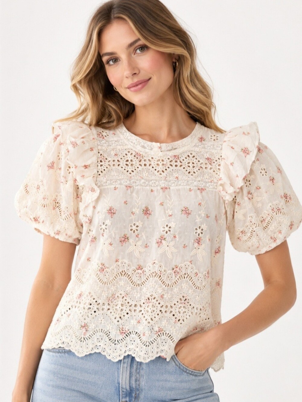 LoveShackFancy Tilda French Cream Floral Eyelet Puff Sleeve Cotton Top S
